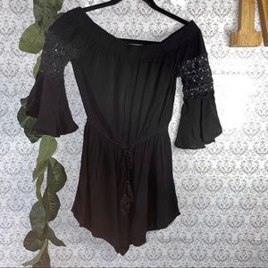 Blush brand off shoulder black Woman’s small romper 3/4  bell sleeve shorts